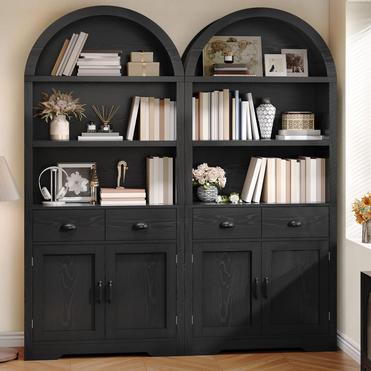 YITAHOME Arched Bookshelf, 71" Tall Bookcase with Drawers Arched Bookcase with Storage, Bookshelf Display Storage Rack with Adjustable Shelves for Living Room, Office, Black YITAHOME