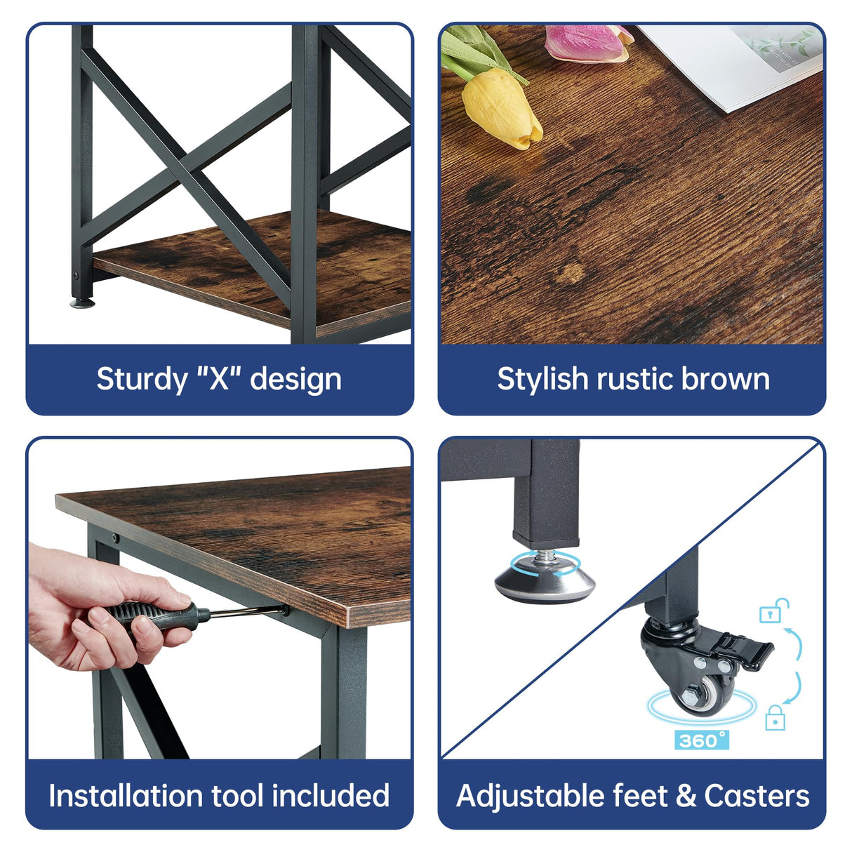Fannova Large Printer Stand, 23.6 x 23.6 x 22.6 Inches Square Printer Table with Storage Shelf, 2 Tier Rolling Printer Cart with Industrial Wheels for Home Office - Rustic Brown Fannova
