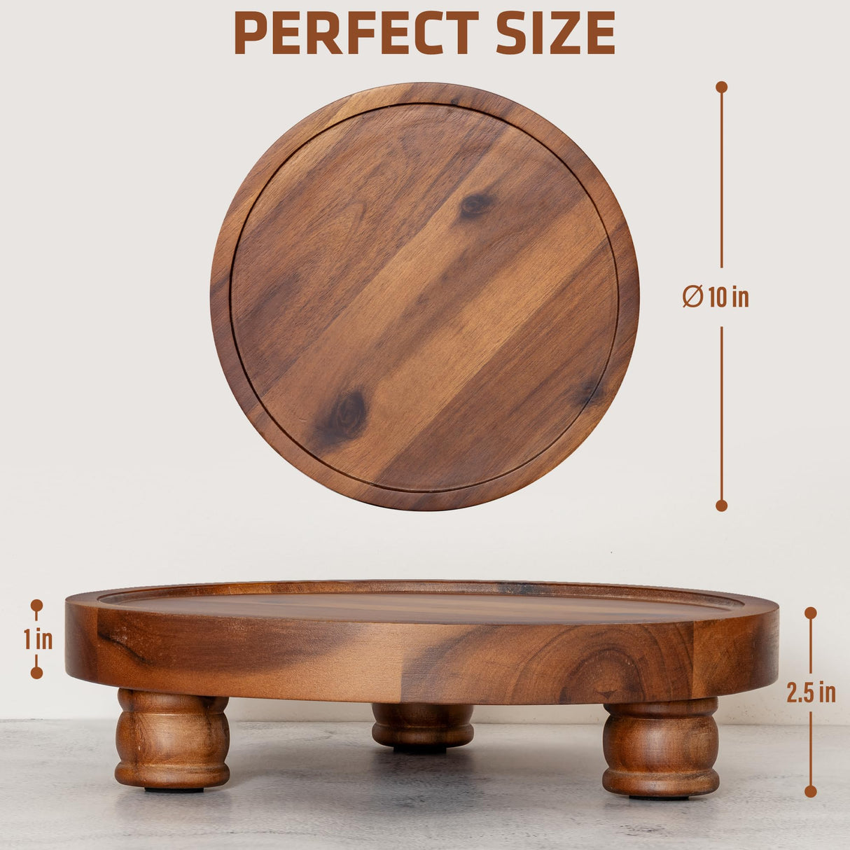 Demigo 10" Acacia Wood Round Tray - Decorative Plant Stand, Farmhouse Countertop Organizer, Multi-Purpose Display Pedestal, Riser Board for Soap, Perfume, Candles, Sponge, Bathroom, Kitchen Demigo