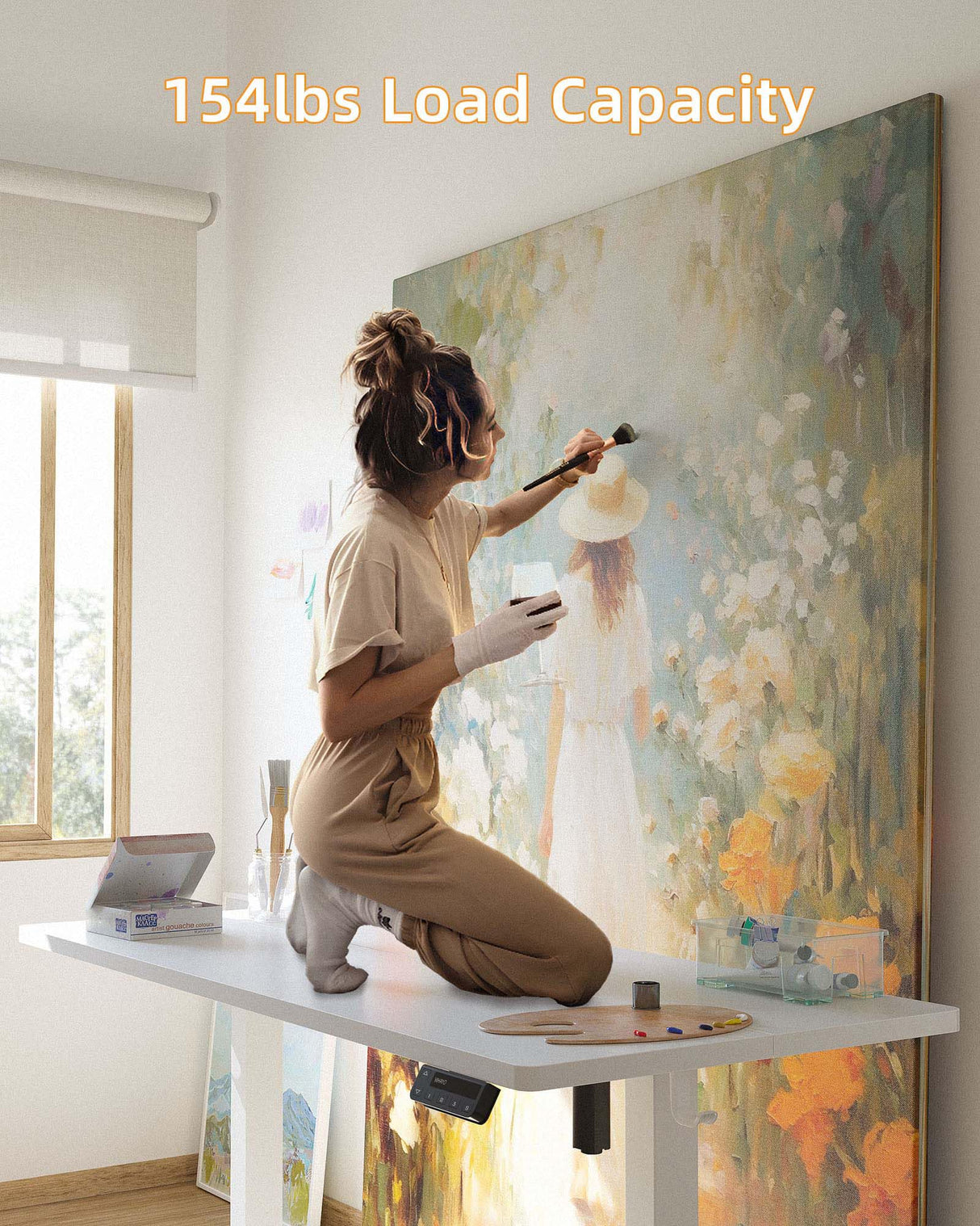 YIHAYO Adjustable Standing Desk, Electric Desk, 63 x 24 Inches Stand Up Desk with Splice Board, Adjustable Height Desk, Computer Desk for Home Office, White Frame/White Top YIHAYO