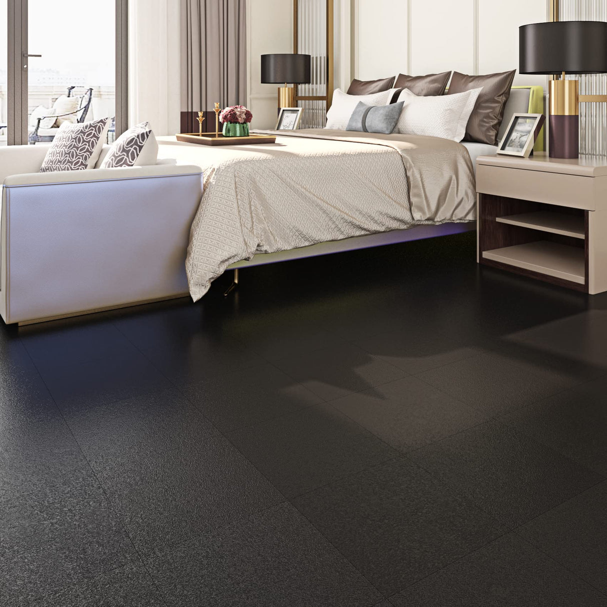 Livelynine Black Flooring 32-Pack 12x12 Inch Peel and Stick Floor Tile Waterproof Floor Tiles for Bathroom Floor Vinyl Peel and Stick Tiles Renter Friendly Floor Stickers Garage Laminate Flooring Livelynine