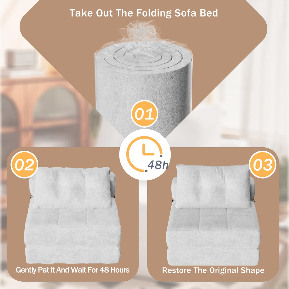 Homall Folding Sofa Bed, Convertible Sleeper Sofa Couch with Headrest & Lumbar Pillow, Chenille Fabric Chair Bed, Single Futon Mattress for Living Room, Apartment, Office (White) Homall