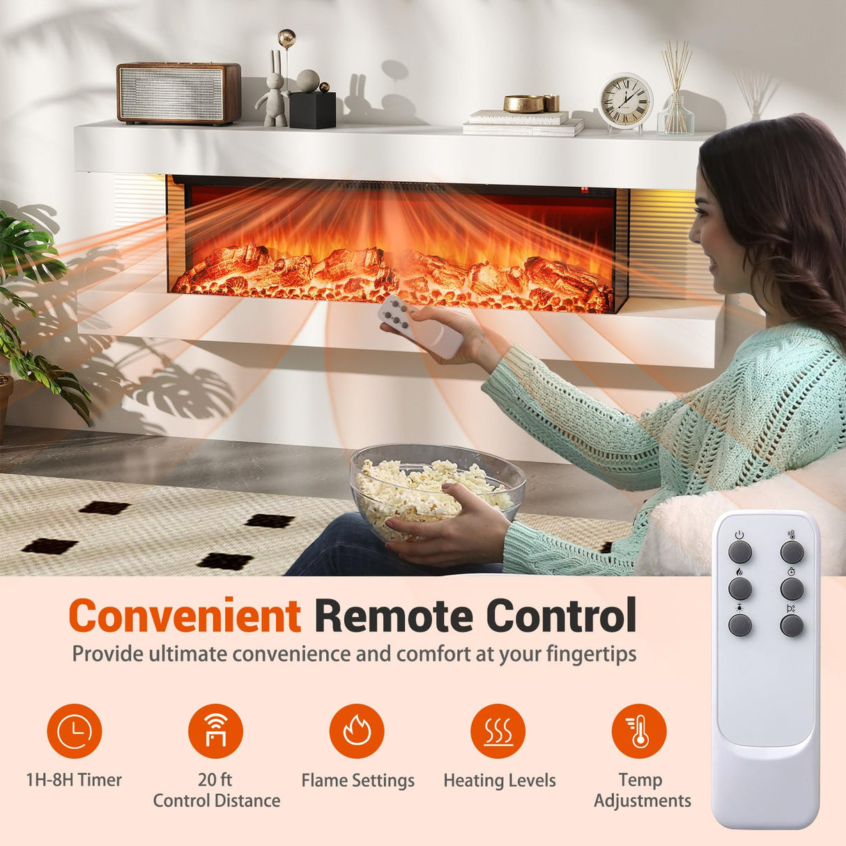 ORALNER 36-Inch Wall Mount Electric Fireplace with 50-Inch Floating Mantel, Remote, 3 Sided Electric Fireplace, 12 Adjustable Color Effect, 1500W Heater, White (50-INCH) ORALNER