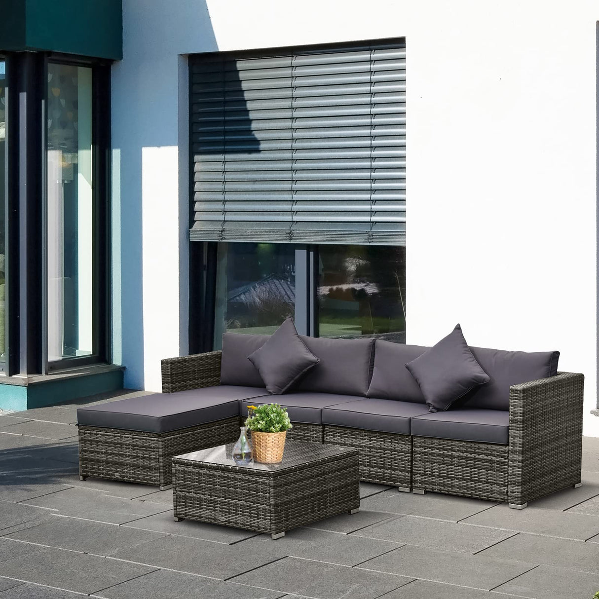 Outsunny 6 Piece Patio Furniture Set Outdoor Wicker Conversation Set All Weather PE Rattan Sectional Sofa Set with Ottoman, Cushions and Tempered Glass Table, Mixed Gray and Gray Outsunny