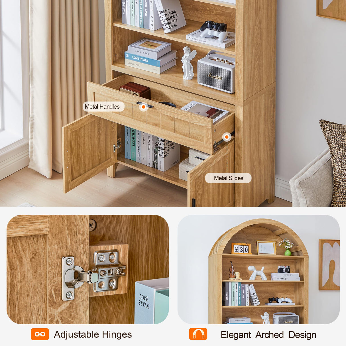 Turtle&Myrtle 73" H Large Arched Bookshelf,5-Tier Arch Bookcase with Doors,Mid Century Modern Book Shelf with Drawers,Wood Bookshelf w/Open Display Shelves for Living Room, Office (Natural) Turtle&Myrtle