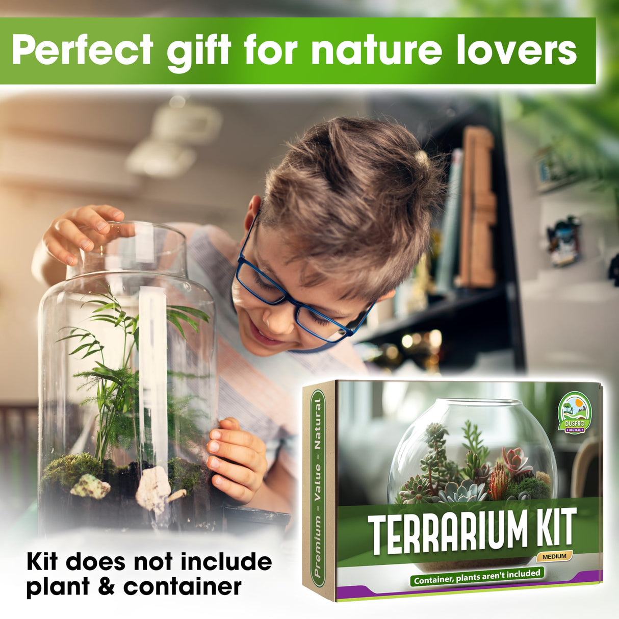 DUSPRO Recycle Terrarium Kit, Include Terrarium Potting Soil, Pumice, Zeolite, Green Moss, Sphagnum Moss, Decorative Stone, Mesh, Tools, DIY Terrarium Starter Kit for Kids, Air Plant, Succulent Duspro