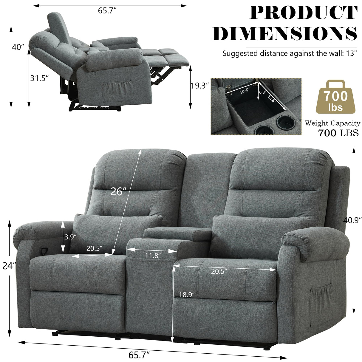 DRMBOOK RV Loveseat Recliner Sofa with Console, Linen Fabric Double Wall Hugger Reclining Couch Manual Home Movie Seating 2 Person Recliner Chair with Cup Holders/Storage/Pocket/Lumbar Pillow, Grey DRMBOOK