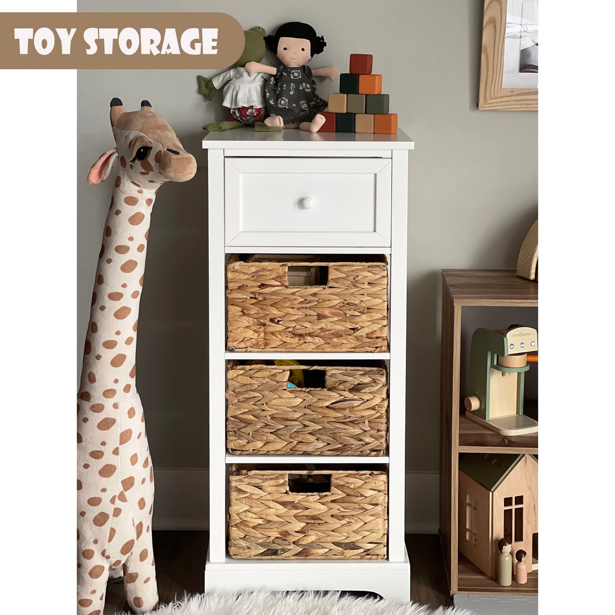 PHI VILLA Storage Cabinet with Baskets, Farmhouse Accent Cabinet Narrow Cabinet with Shelves for Bathroom Entryway Rattan Cabinet with Drawer End Table/Beside Table White PHI VILLA