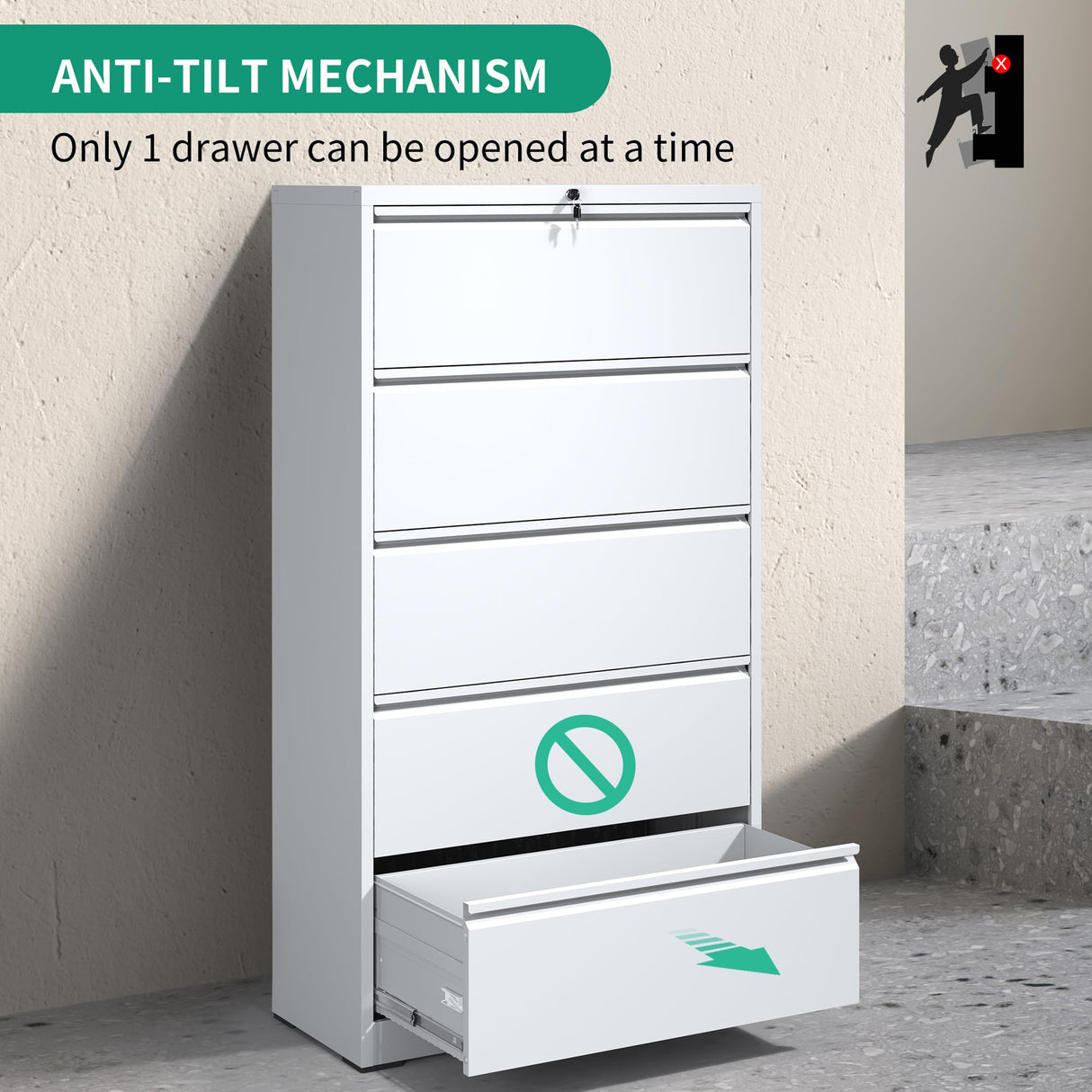 IKIMI 5 Drawer Lateral File Cabinets with Lock Office Filing Cabinet Steel Storage Cabinet Wide Horizontal Filing Metal Cabinets for Files Legal/Letter/A4 Size Assembly Required IKIMI