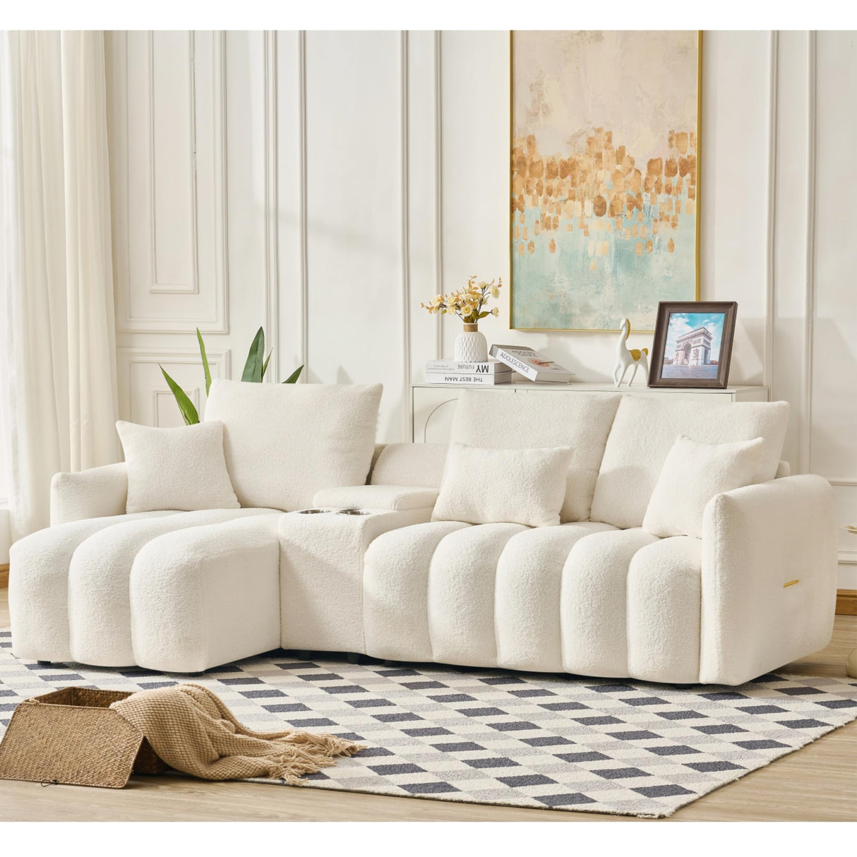 KEIKI 92" Chenille Sofa, 3 Seat Upholstered Couch with Center Console, USB Ports, Coffee Table, Deep Seat Couch for Living Room Bedroom Office Apartment, Off White KEIKI