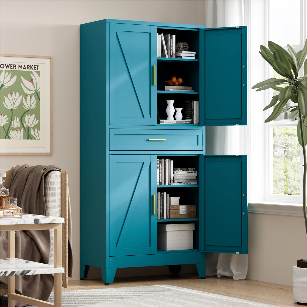 LCAOPC 71" Tall Pantry Storage Cabinet with Drawer and Adjustable Shelves, Freestanding Tall White Kitchen Cupboard Storage Cabinet for Kitchen,Dining Room, Living Room, Blue LCAOPC