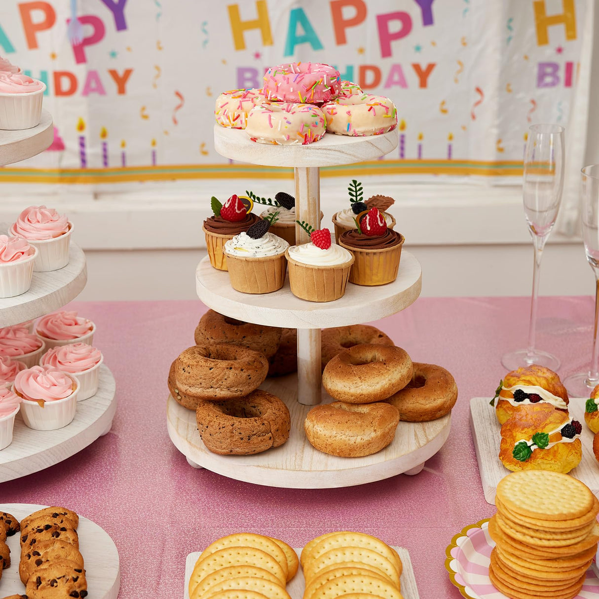 VIVIRBIEN 3 Tier Cupcake Stand Round,Wood Cake Stand with Tiered Tray Decor,Rustic Cake Stand,Cupcake Display for Home Tea Party, Birthday, Wedding, Farmhouse Decor,Woodland Baby Shower…… VIVIRBIEN