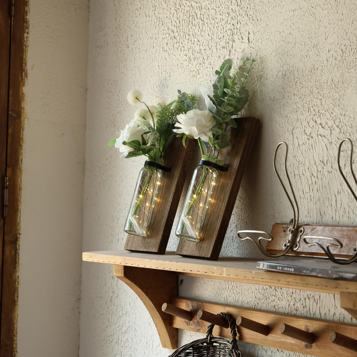 Heiple 2 Pack Wood Farmhouse Decor Sconces, Wall Planters for Indoor Plants, Wood Glass Wall Decor for Bathroom, Farmhouse Wall Hanging Glass Wall Vase Sconces (Brown) Heiple