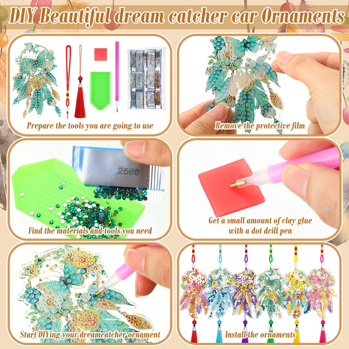 JenPen 12 Pcs Diamond Painting Car Ornaments Diamond Art Ornament for Car Double Sided Painting Hanging Ornament Crystal Gem Garden Decoration Paint DIY Kit(Dream Catcher) JenPen