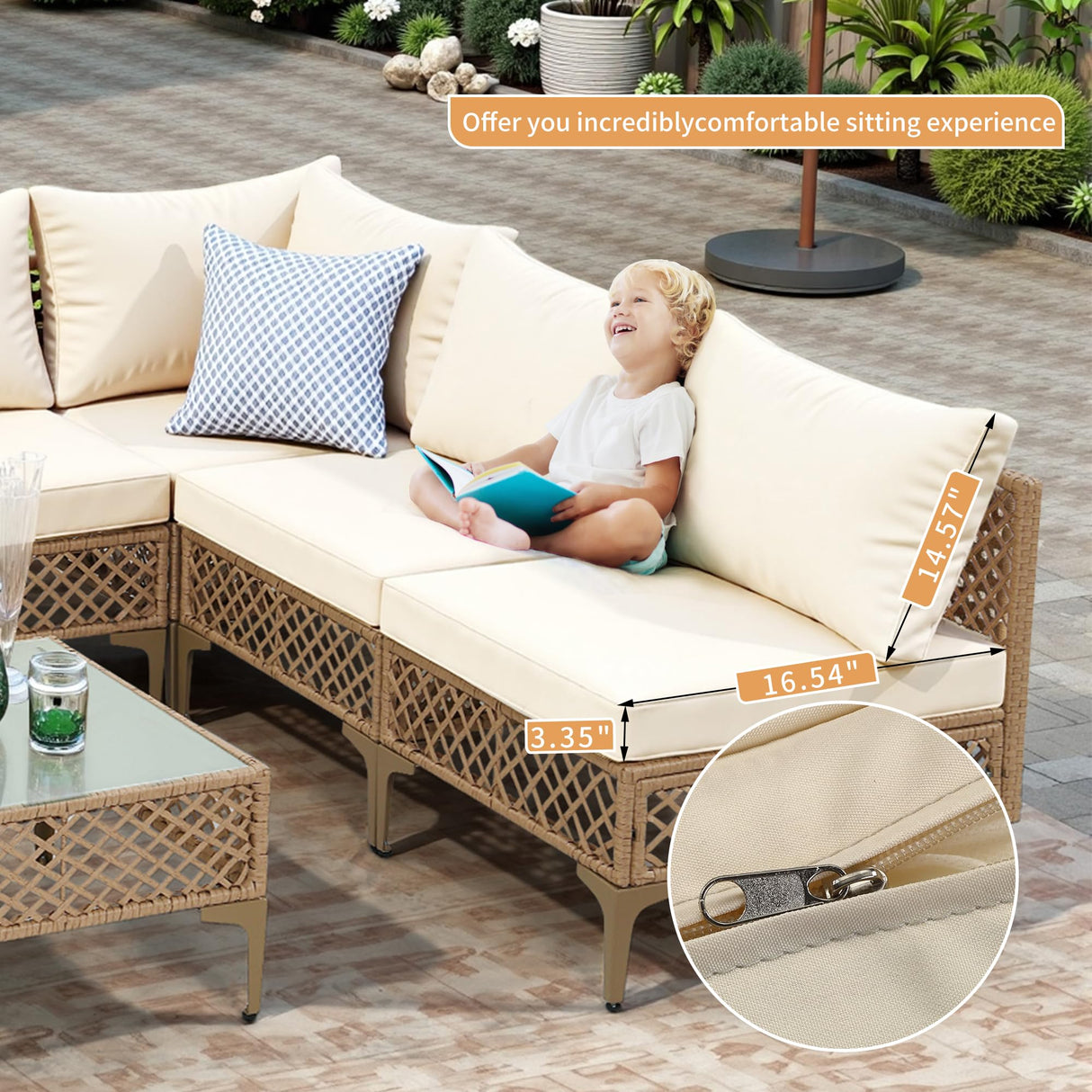 FHFO 7 Piece Outdoor Wicker Patio Furniture Set, Rattan Sectional Sofa Couch, Patio Conversation Set with Cushion & Coffee Table, for Backyard Poolside Porch Garden, Yellow/Beige FHFO