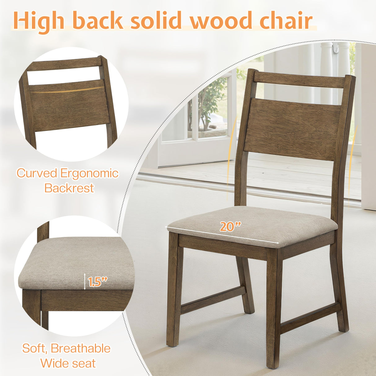 Jocisland Round Solid Wood Dining Table Set for 4, 5-Piece Mid-Century Kitchen & Dining Room Furniture with Padded Chairs, Space-Saving Design, Radial Grain Finish, Easy Assembly Jocisland