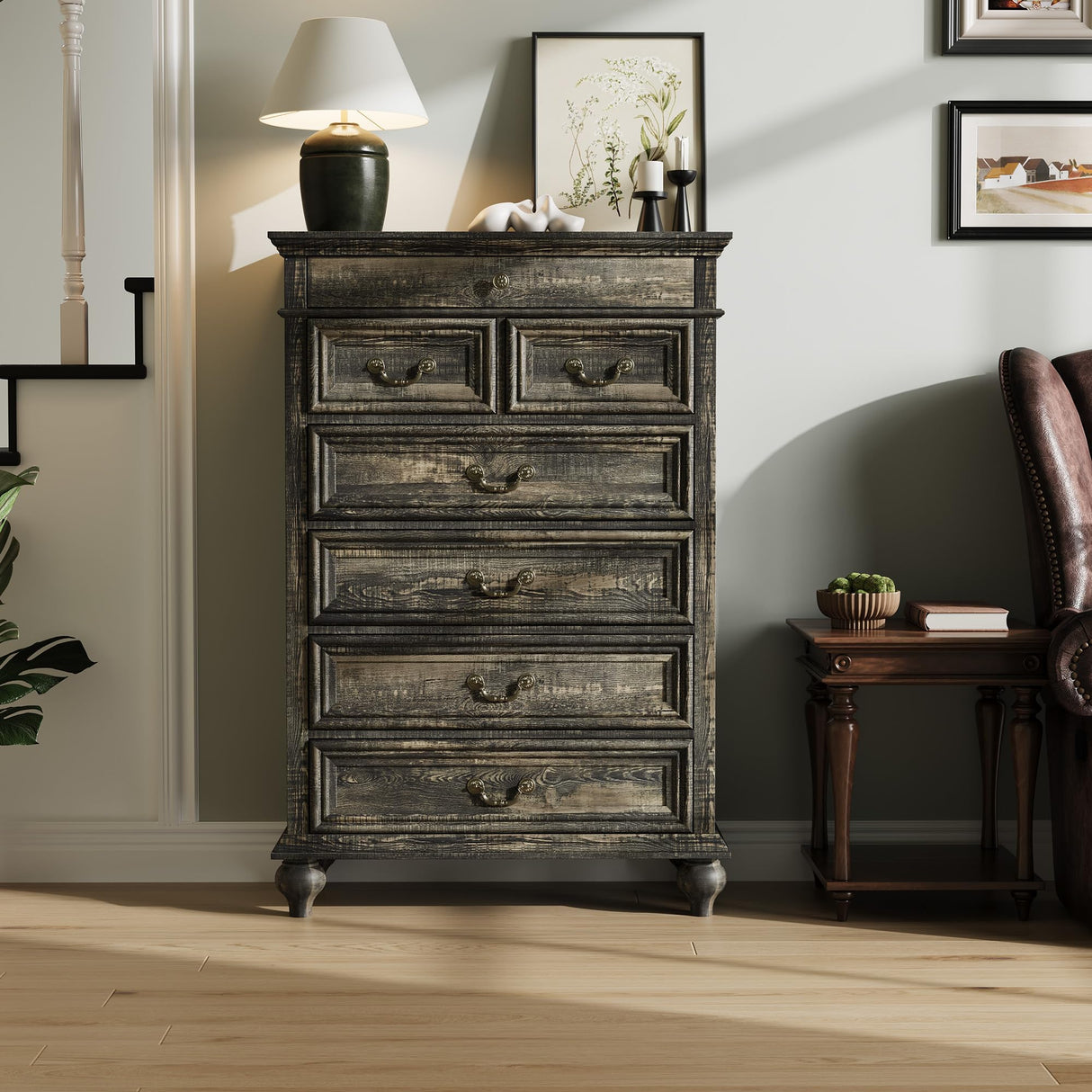 IDEALHOUSE Farmhouse Tall Dresser for Bedroom with 7 Drawers, 50" Tall Large Wood Chest of Drawers with Jewelry Storage for Bedroom, Living Room, Hallway, Dark Oak IDEALHOUSE