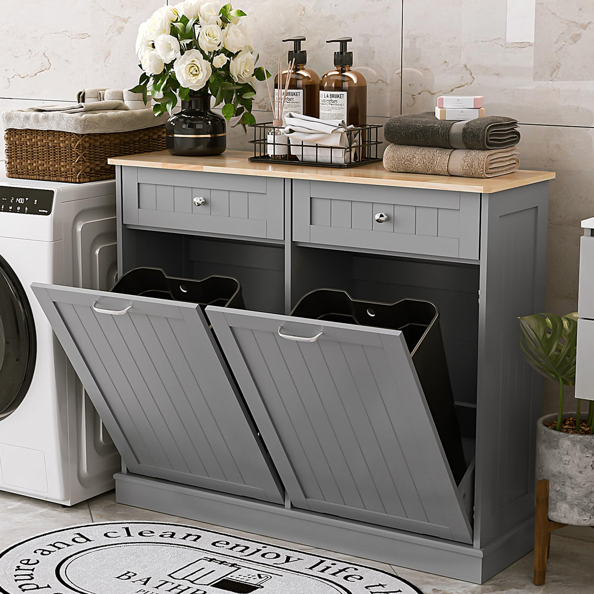 Spurgehom Double Tilt Out Trash Cabinet Kitchen Island,Laundry Hamper Pull Out Trash Can Cabinet 2X13 Gallon Freestanding Pet Proof Trash Can Garbage Can Holder for Living Room Dining Room,Grey Spurgehom