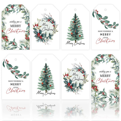 Whaline 100Pcs Christmas Tags with 30m / 98.4ft Hemp Rope Watercolor Plants Seasonal Wishes Labels Holiday Season Gift and Favor Tags for Seasonal Favors Xmas Parties and Celebrations, 4 Styles