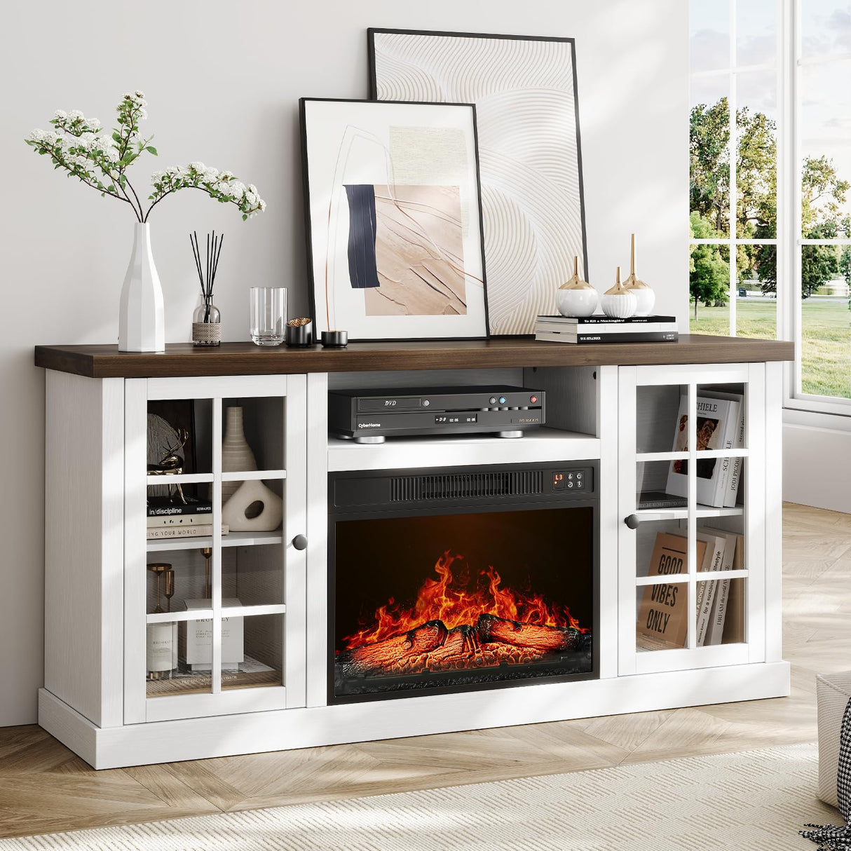 ONBRILL 59" Fireplace TV Stand, Entertainment Center with 23" Electric Fireplace, TV Table for TVs up to 65 Inch, Media Console Cabinet with Storage and Glass Doors for Living Room,Wood White ONBRILL