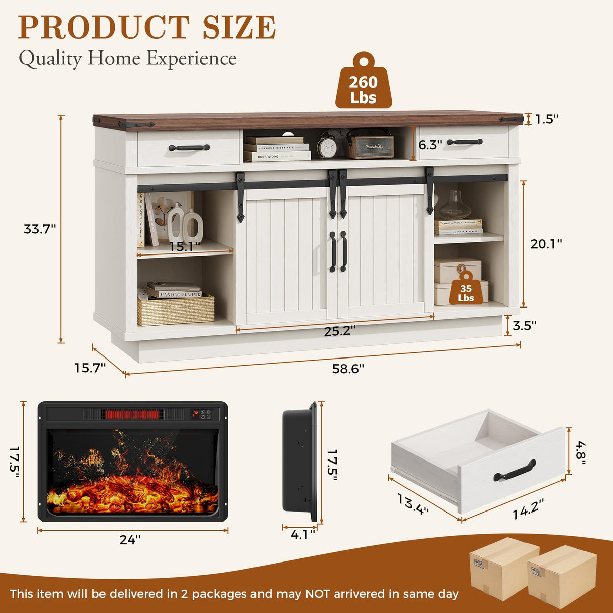 59'' Fireplace TV Stand with 3D Flame Electric Fireplace Heater, 34'' Tall Farmhouse TV Stand for 65 Inch TV, Entertainment Center TV Console with 2 Drawers, Sliding Barn Door for Living Room - White Jocoevol
