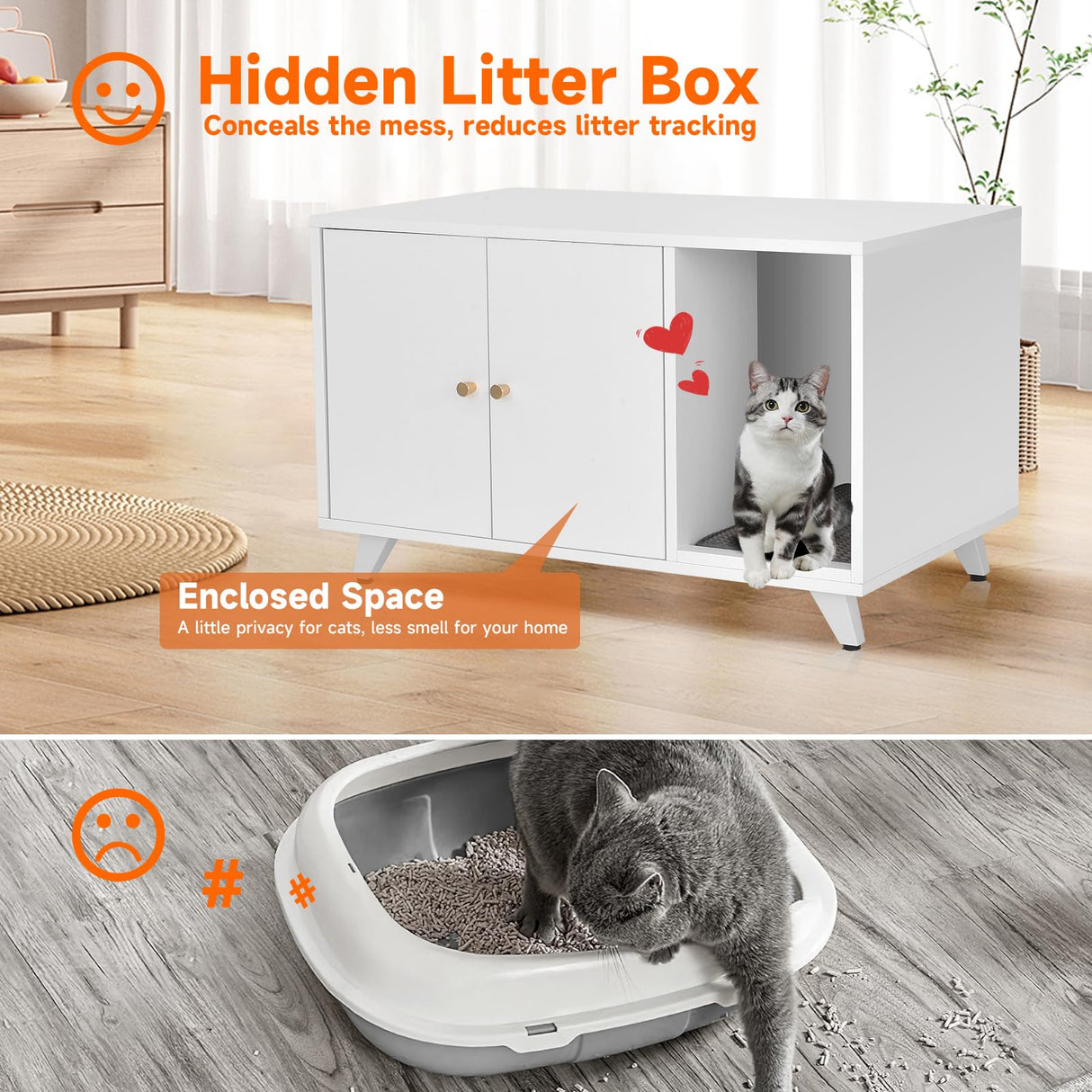 QuicMiou Cat Litter Box Enclosure, Hidden Litter Box Furniture Washroom Storage Cabinet, Modern Cat House with Scratche Pad (White) QuicMiou