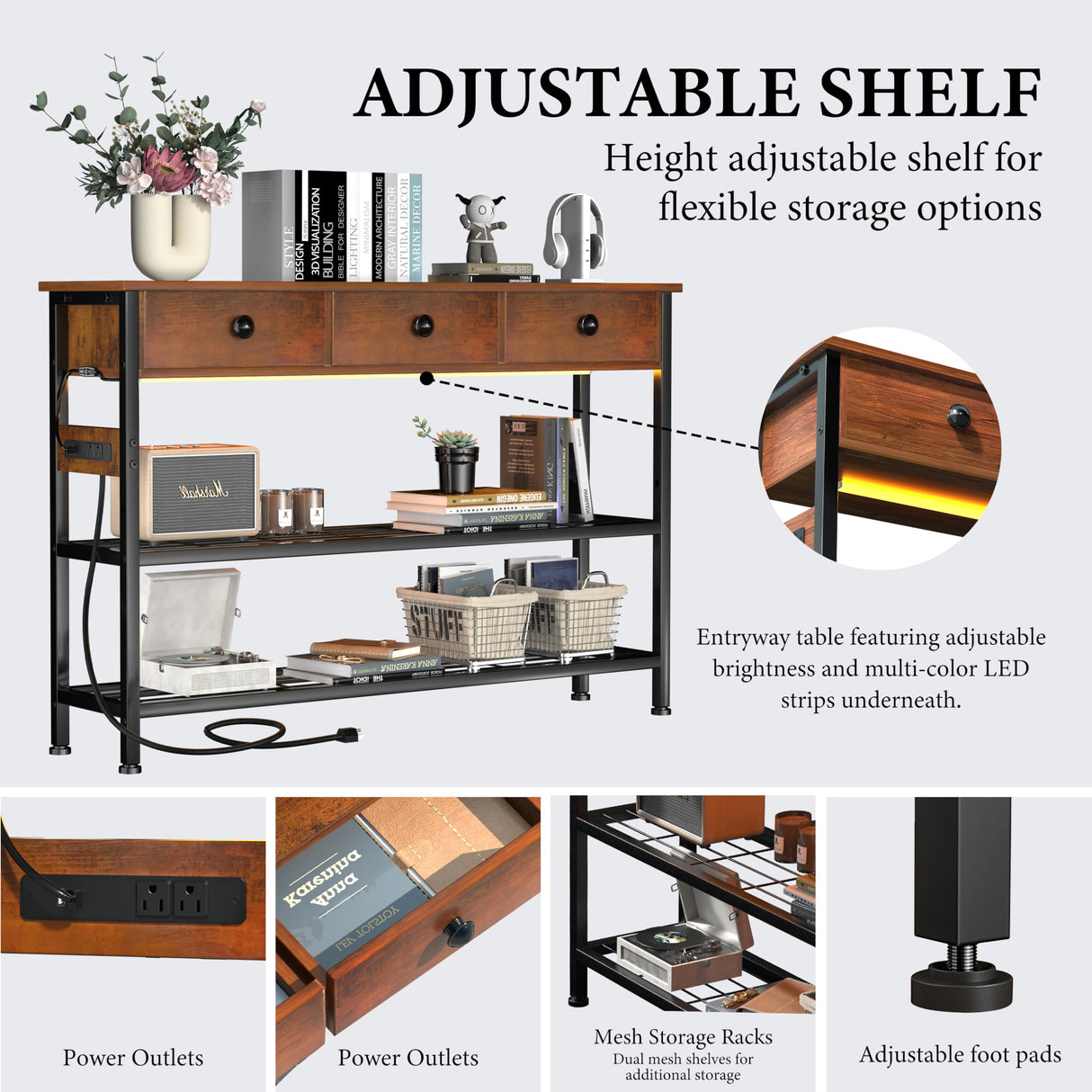 Keelian 47" Entryway Table with Outlets: Console Table with 3 Wood Drawers and Storage Shelves, USB Ports, LED Light Strip for Sofa, Living Room, Hallway, Foyer, Couch, TV and Aquarium Stand Keelian