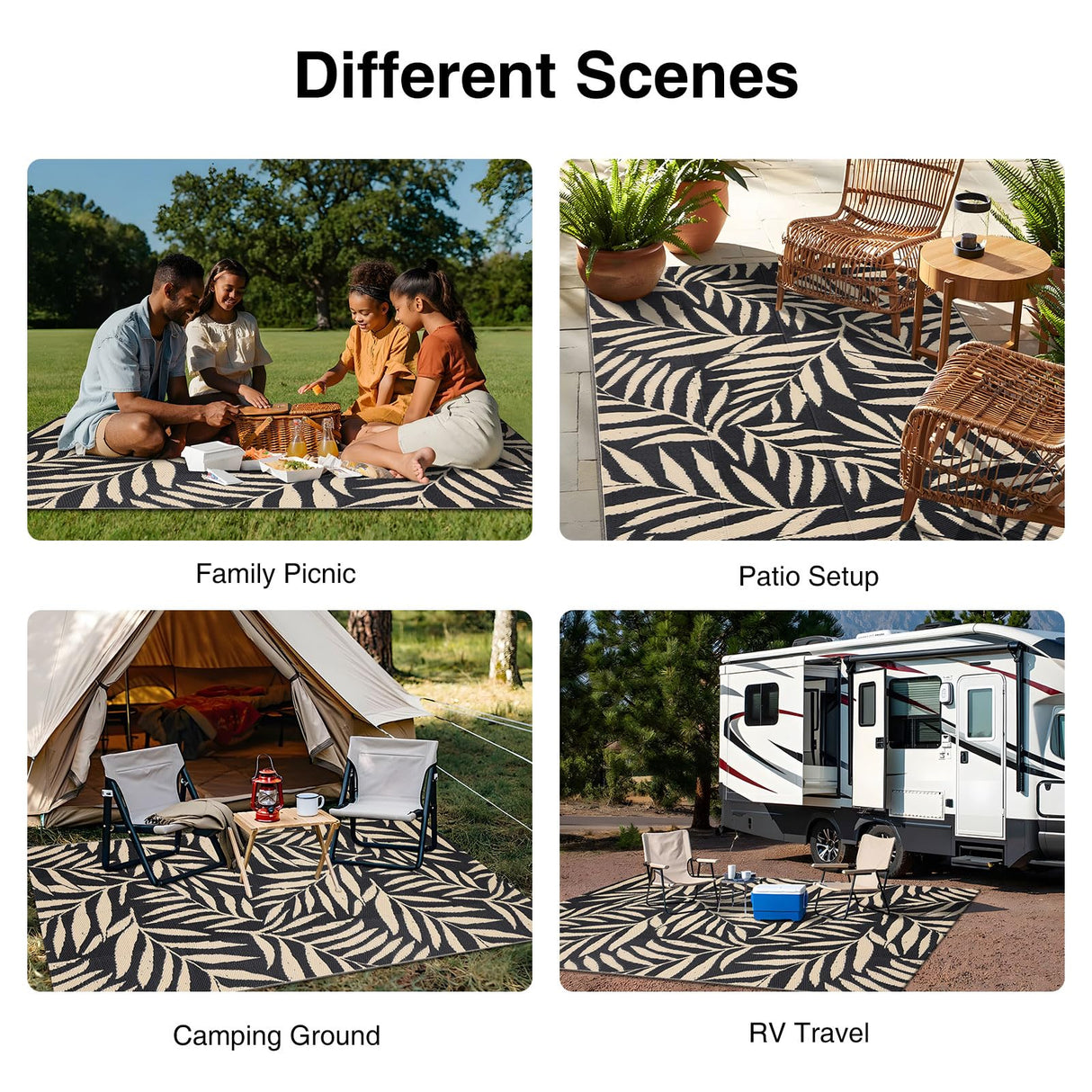OLANLY Waterproof Outdoor Rug 5x8 ft, Reversible Outdoor Plastic Straw Rug with Leaf Pattern, RV Mat, Indoor Outdoor Carpet for Patio, Camping, Balcony, Deck, Backyard, Black & Beige OLANLY