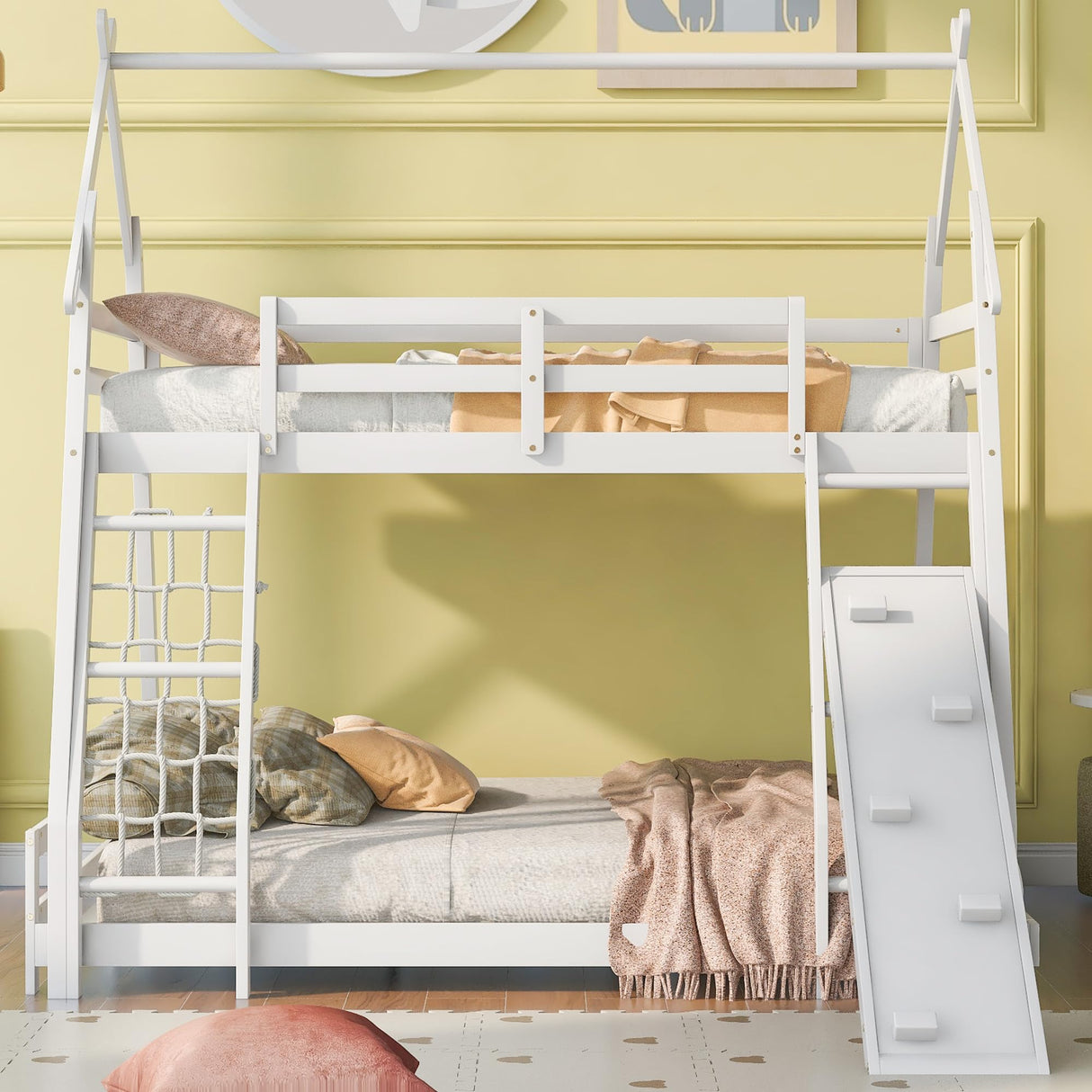 Merax Twin Over Queen House Bunk Bed Frame Solid Wood with Climbing Nets and Climbing Ramp for Boys Girls,Playroom,White Merax