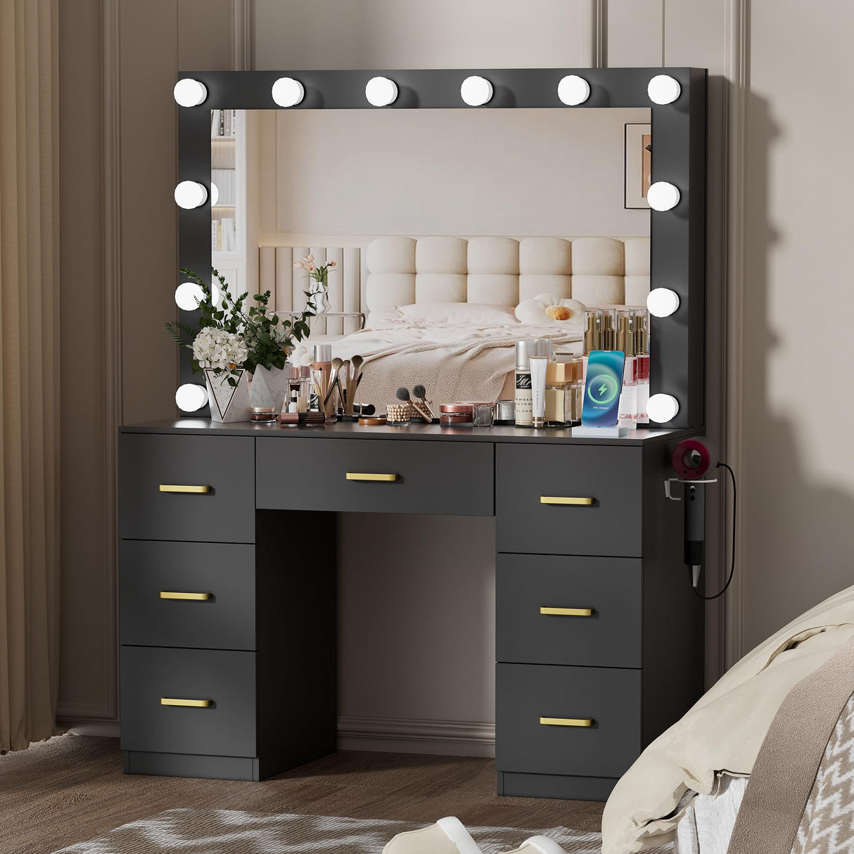 FURNJOYLIFE Black Makeup Vanity Desk with Lighted Mirror & Power Outlet,3 Color Modes, Brightness Adjustable,Vanity Table with Drawer,Sliding 2 Storage Wall-Mounted Jewelry,4 Shelves for Bedroom FURNJOYLIFE