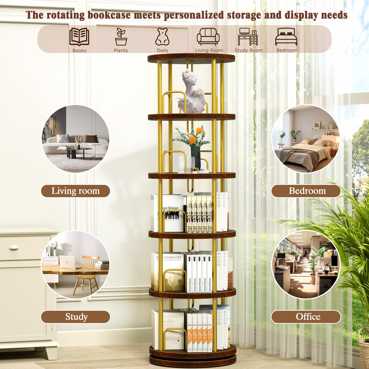 5-Tier Rotating Bookshelf, 360° Swivel Spinning Bookcase Tower - Stackable Narrow Corner Storage Organizer, Tall Floor Standing Display Shelf for Living Room, Bedroom, Office (Gold ) Generic