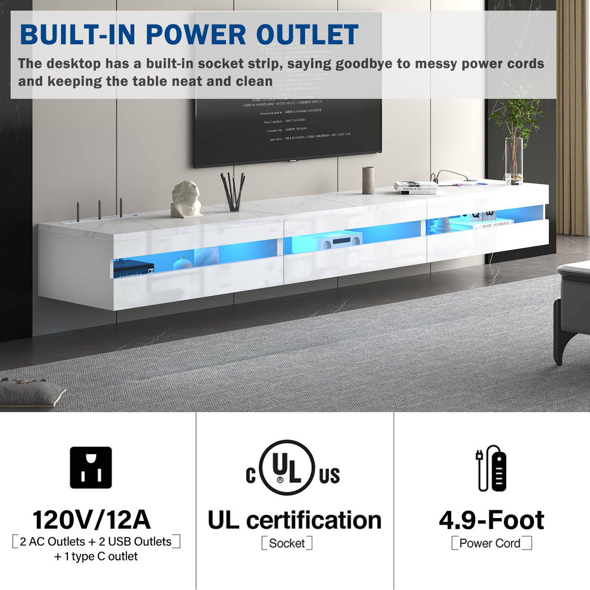 ANTISTA Floating TV Stand | 94.5'' Long Wall Mounted TV Shelf with Power Outlet, Modern Wooden Entertainment Center Media Console with Storage, High Gloss Large TV Cabinet, Up to 100 Inch TVS ANTISTA