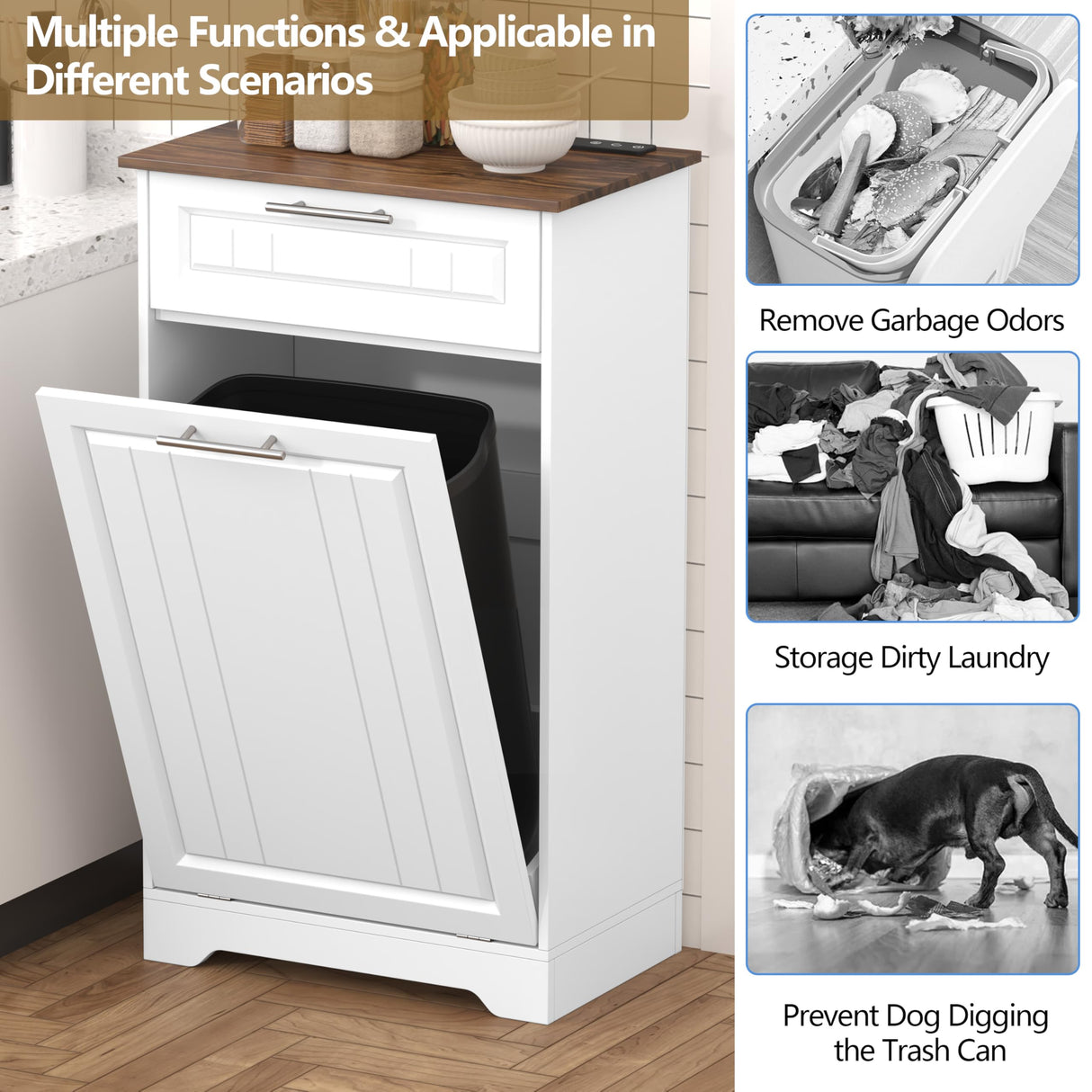 Single 10 Gallon Tilt Out Trash Can Cabinet with Deodorizing Function, Wooden Hidden Garbage Can Holder with Storage Drawers for Kitchen and Dining Room, Laundry Hamper Cabinet for Bathroom, White jmhdyg