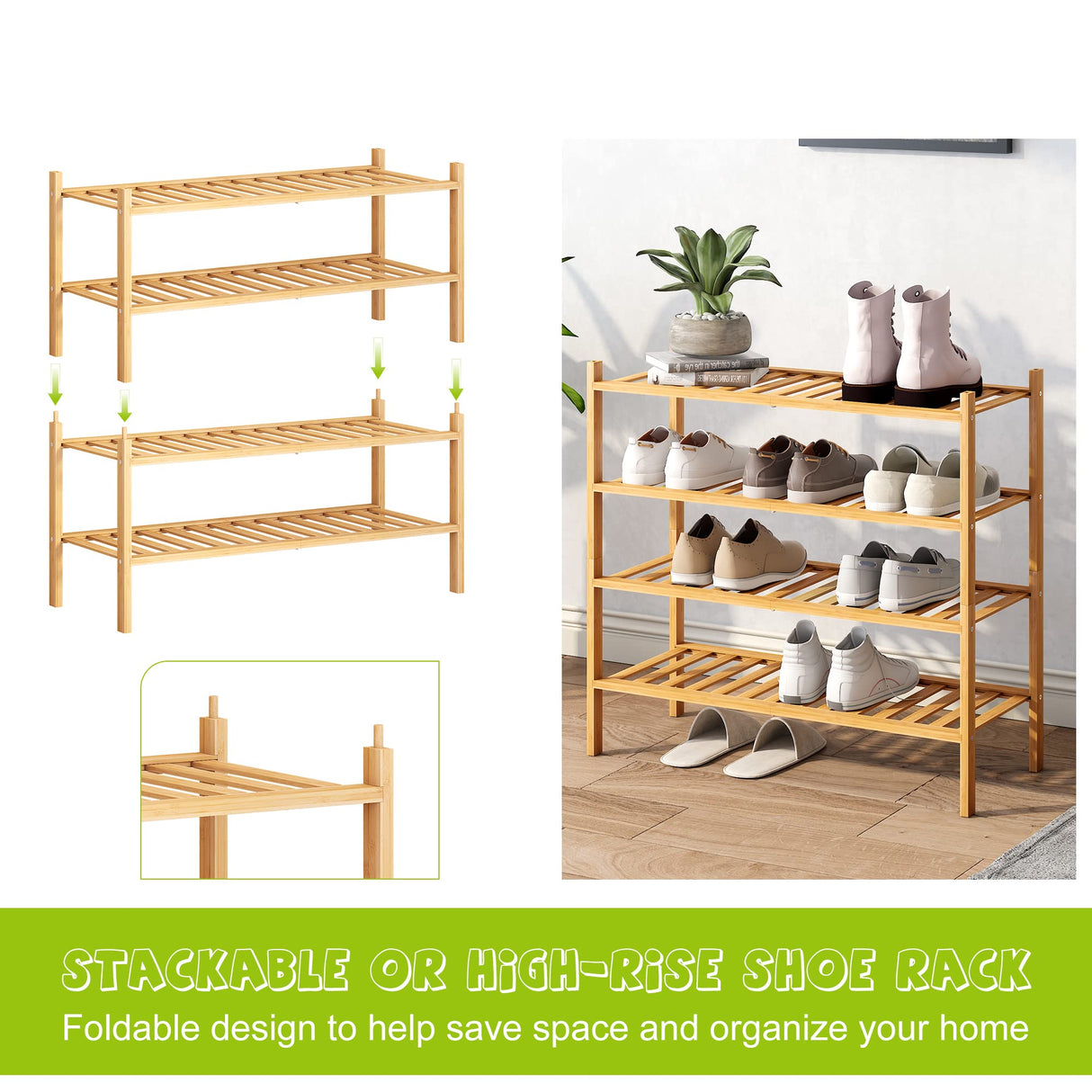 BMOSU 4-Tier Bamboo Shoe Rack Premium Stackable Shoe Shelf Storage Organizer for Hallway Closet Living Room Entryway Organizer (Natural Bamboo) BMOSU