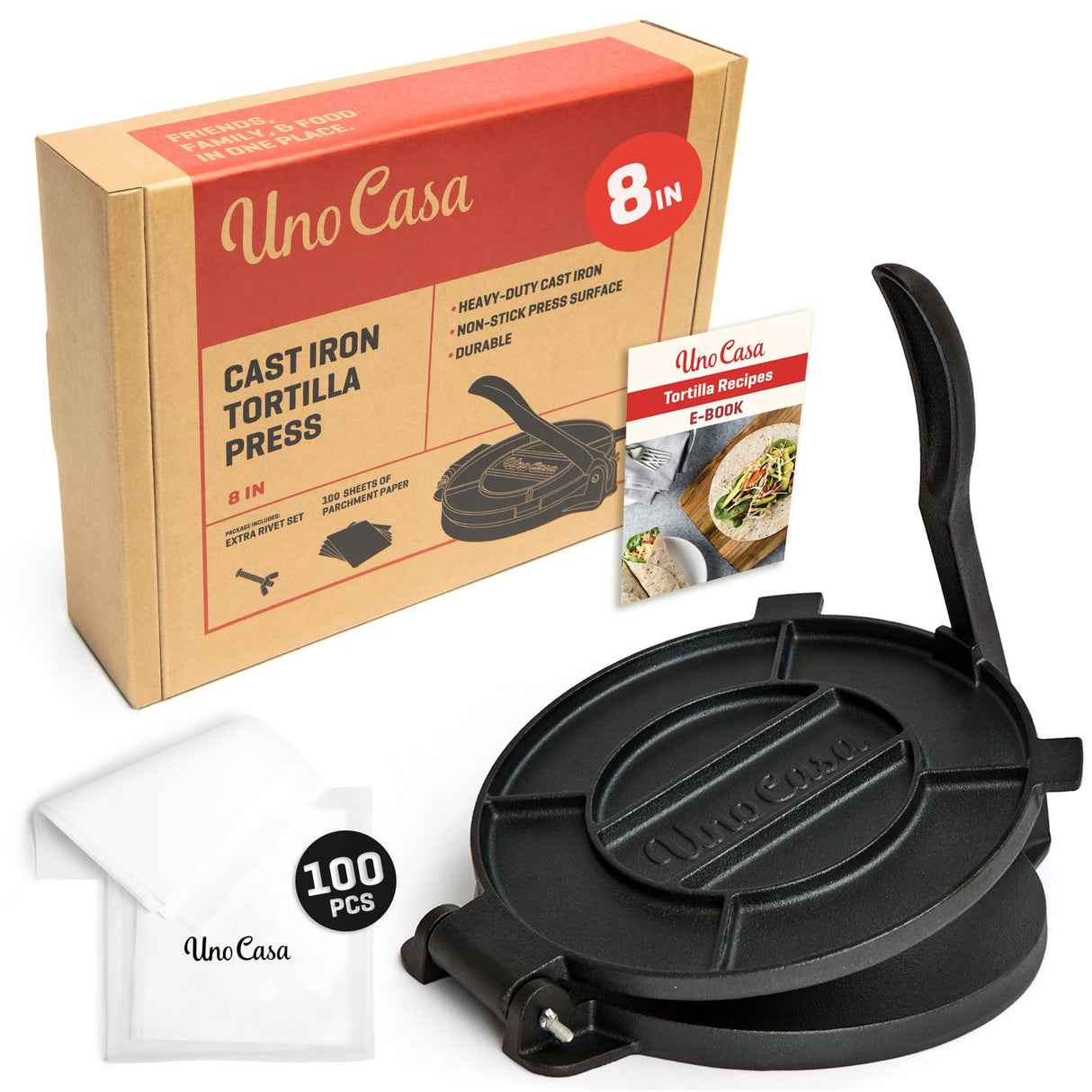 Uno Casa Cast Iron Tortilla Press 8 Inch - Tortilla Maker Press, Pre-Seasoned Roti Maker with 100 Pcs Parchment Paper - Heavy Duty Quesadilla Maker for Homemade Flatbreads, Rotis, Empanadas Uno Casa