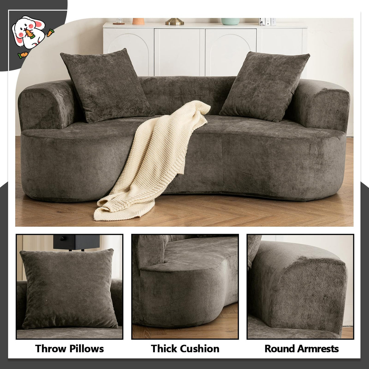 80” Curved Loveseat for Small Spaces, Grey Curved Couches for Living room, Compression Sofa in a Box with 2 Pillows, Small Couch for Bedroom with Wide Armrest & Memory Foam, No Assembly Required Thctvous