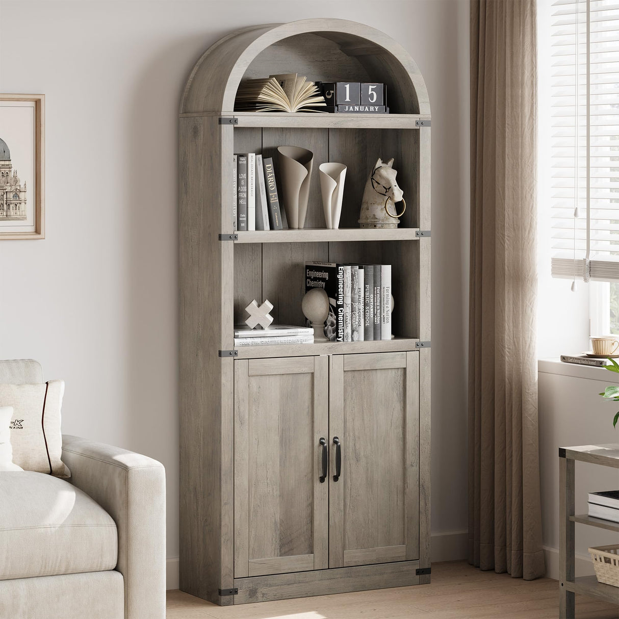 Garveehome Bookcase with Doors Arched Bookshelf 71.65in Tall Bookcase Farmhouse Cabinet with Shelves Wooden Bookshelves for Home Office, Living Room Garveehome