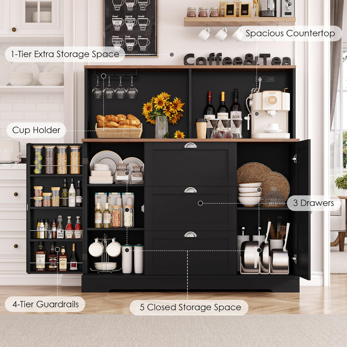 HIFIT Kitchen Pantry Buffet Cabinet with Storage and Charging Station, Farmhouse Kitchen Storage Cabinet Coffee Bar with Wine Rack|Barn Door|Microwave Stand|Door Shelves for Living Room, Black HIFIT