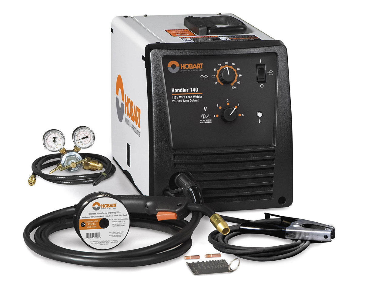 Hobart Handler 140 MIG Welder 115V (500559 ) - Durable, Portable Wire Feed Welder Machine - Flux Core Welding Machine with Dual-Gauge Regulator - MIG Welding Machine Welds Up To 1/4 in. Mild Steel Hobart