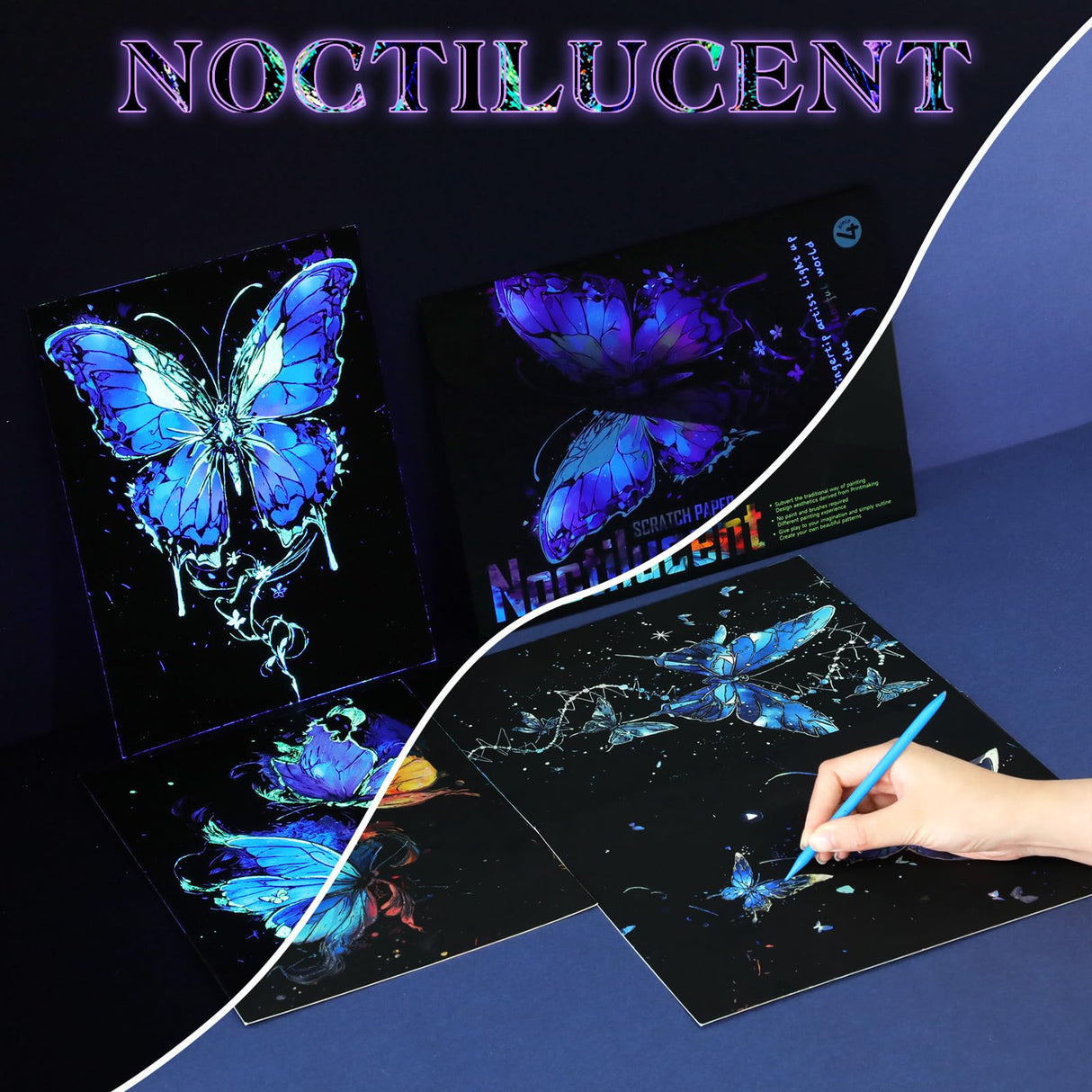 Gersoniel 8 Pack Glow in The Dark Scratch Art for Adult Rainbow Painting Paper Sheet with Pen/Cleaning Brush Noctilucent Engraving Scratchboard for Adults Gift Craft for Gift, Stress Relief Gersoniel