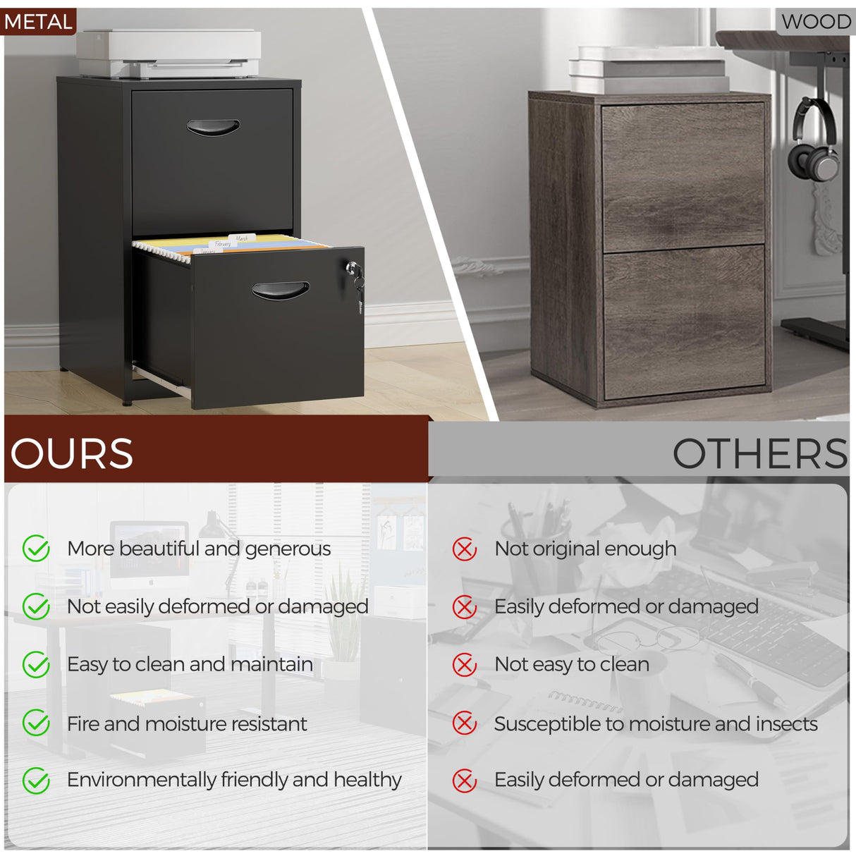 Kubohogar 2 Drawer File Cabinet with Lock,Black Metal Filing Cabinets,Vertical Locking File Cabinet Fit Hanging Files, Letter,File Box and A4 Documents (Black) Kubohogar