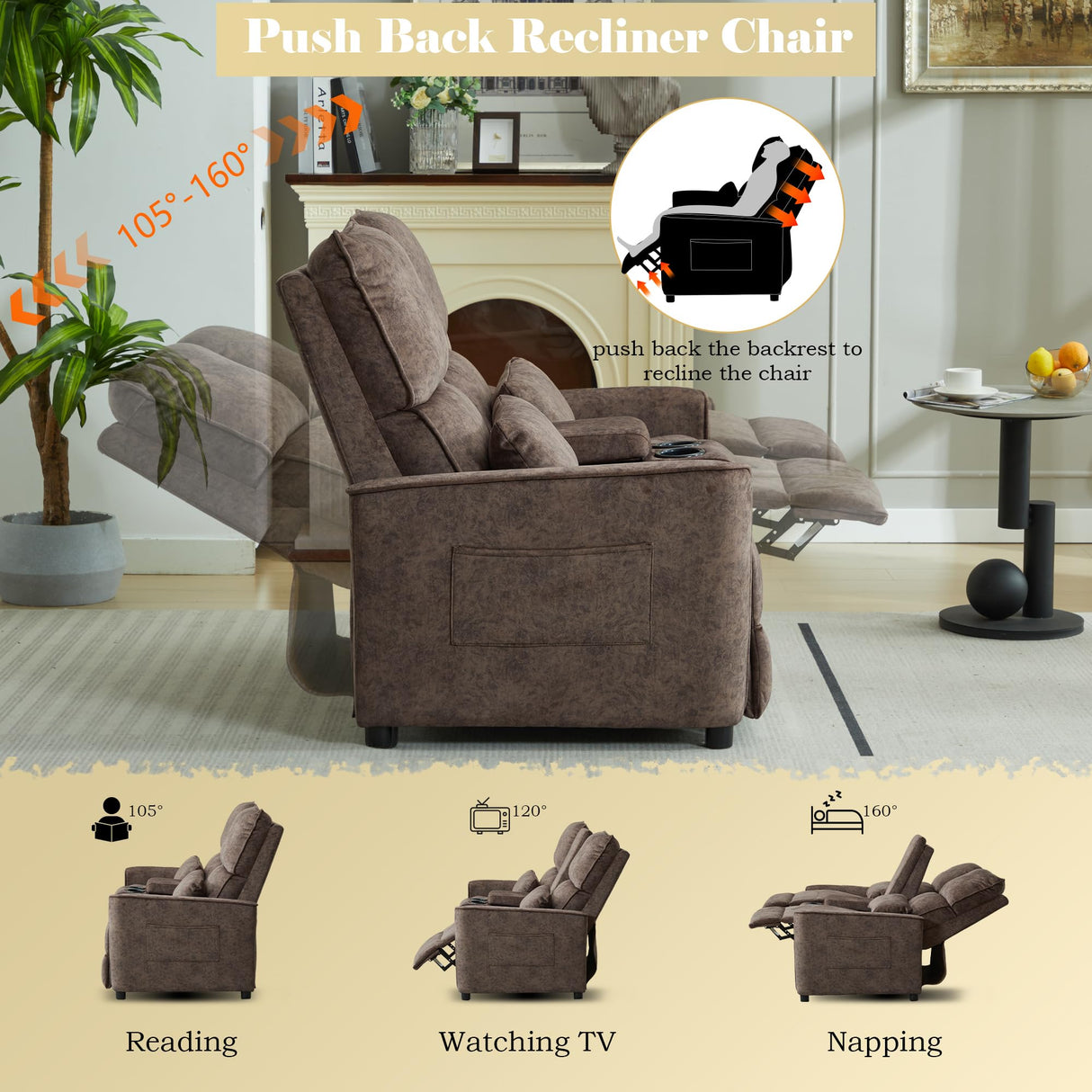 DRMBOOK 63'' RV Loveseat Recliner Sofa, Velvet Fabric Double Camper Couch 2 Seater Recliner with Console, Home Movie Theater Seating Chair, 2 Person Push Back Recliners for Living Room, Brown DRMBOOK