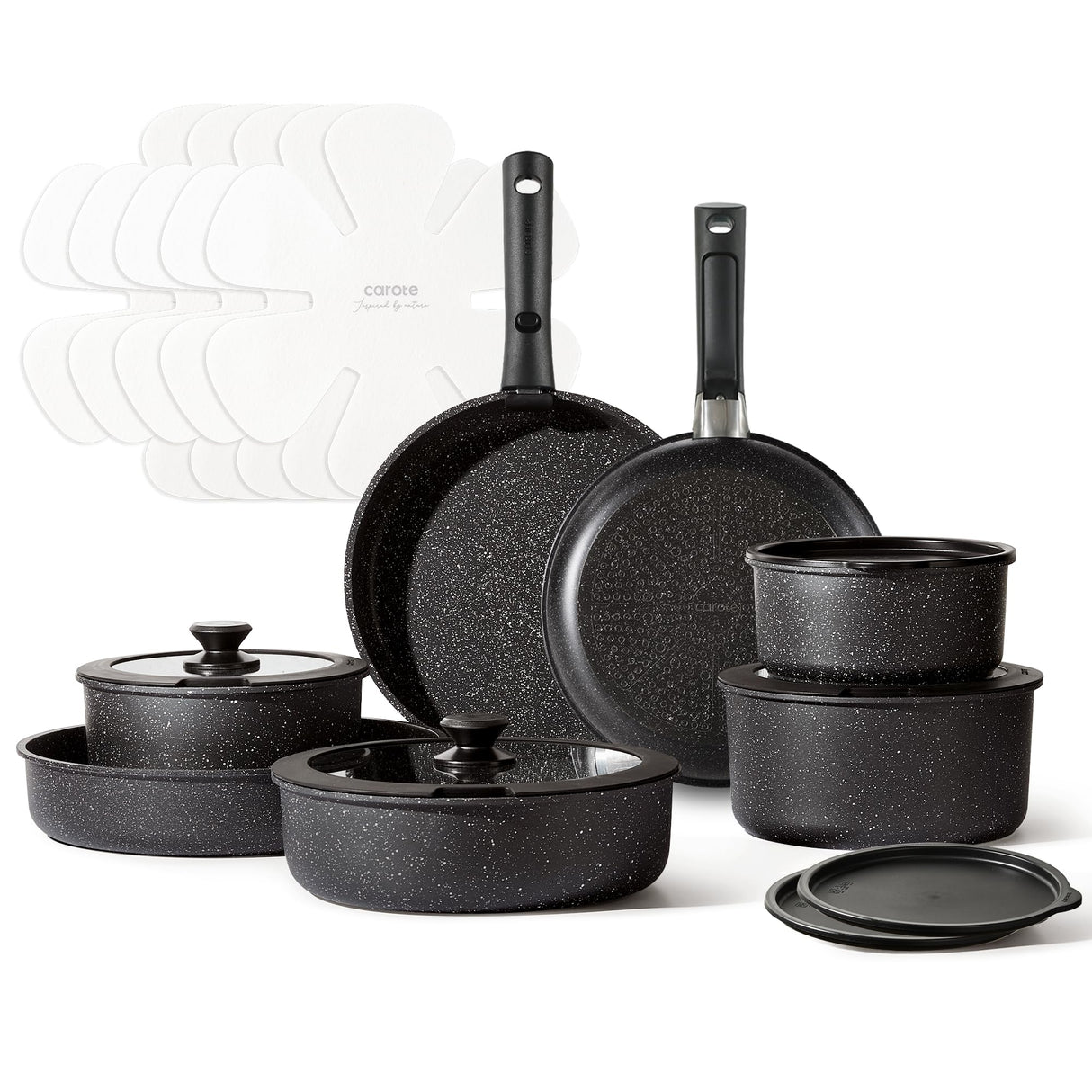 CAROTE 21pcs Pots and Pan Set Non Stick, Nonstick Induction Cookware, Detachable Handle Cookware Set, Dishwasher Safe, Removable Handle, RV Oven Safe Cookware, Midnight Black CAROTE