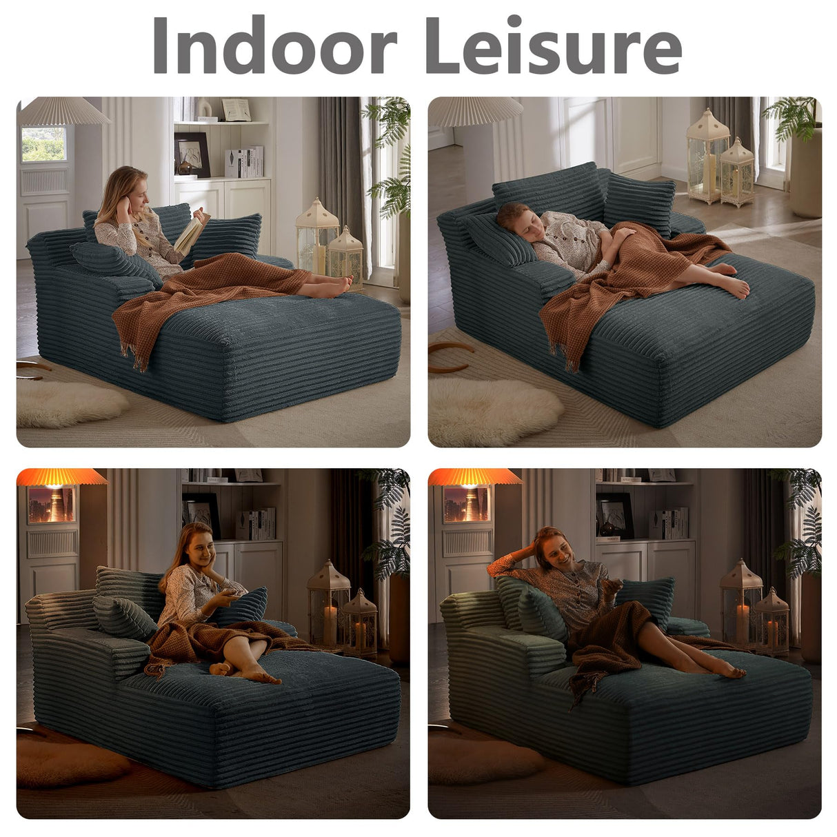 50" Boneless Couch, Oversized Chaise Lounge Sofa, Corduroy Chaise Lounge Chair Indoor with Comfy Pillows for Living Room Bedroom, Foam Filling, No Assembly (Dark Grey) Nahenduo