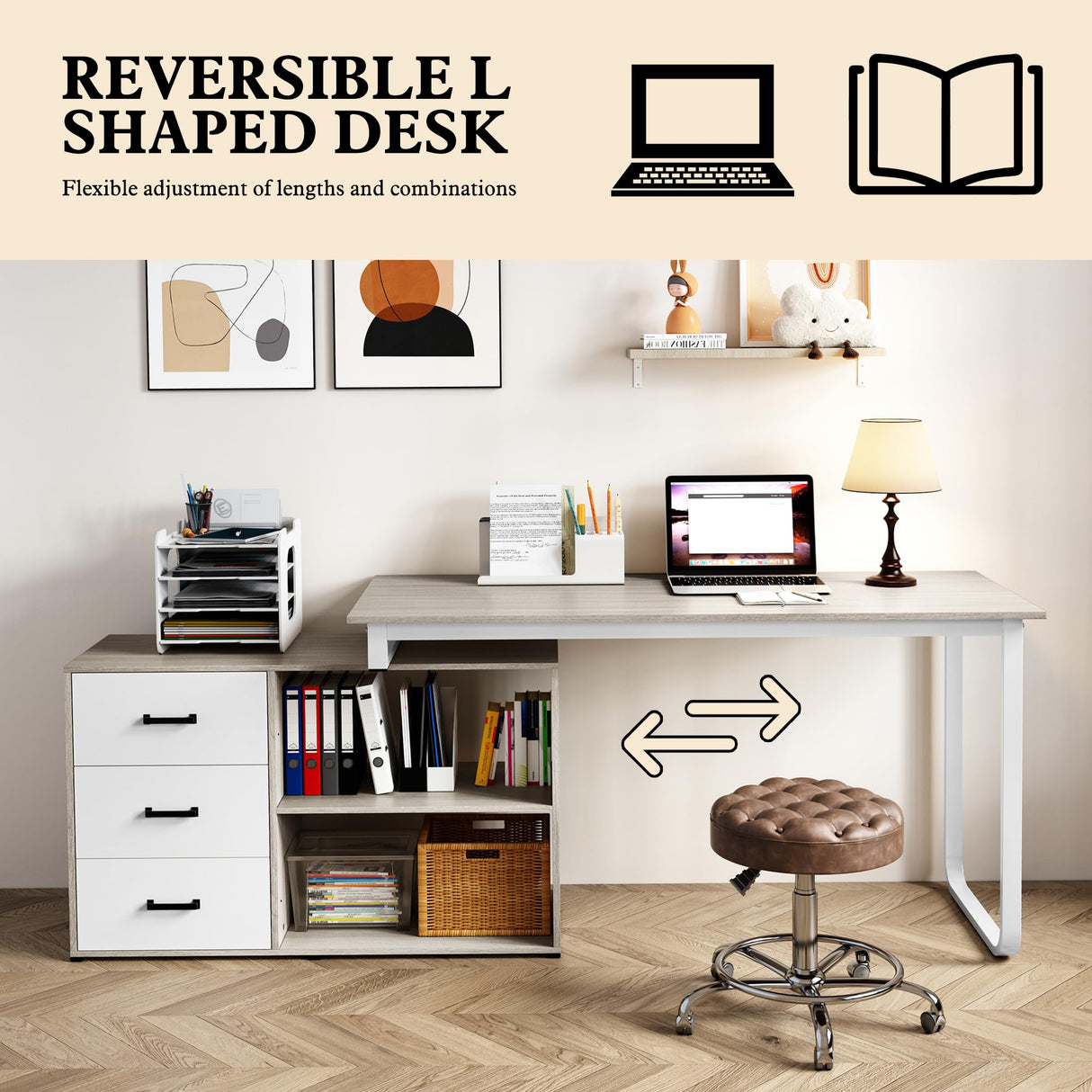 ARTPOWER L Shaped Computer Desk with 3 Drawers and Shelf,55" Large Home Office Corner Desk with Storage Cabinet,Computer Table for PC Executive Writing Study Work,Reversible Gaming Desk,Walnut ARTPOWER