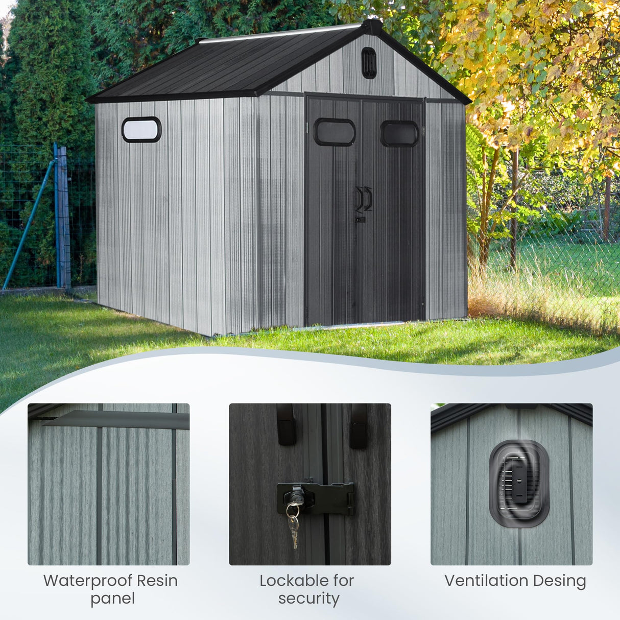 Domi 8x8 FT Outdoor Resin Storage Shed, All-Weather Double-Wall Storage Building for Backyard, Garden, Lawn Tools, Mower, Bike & Pool Equipment, Lockable Doors, Ventilated Roof, Grey domi outdoor living