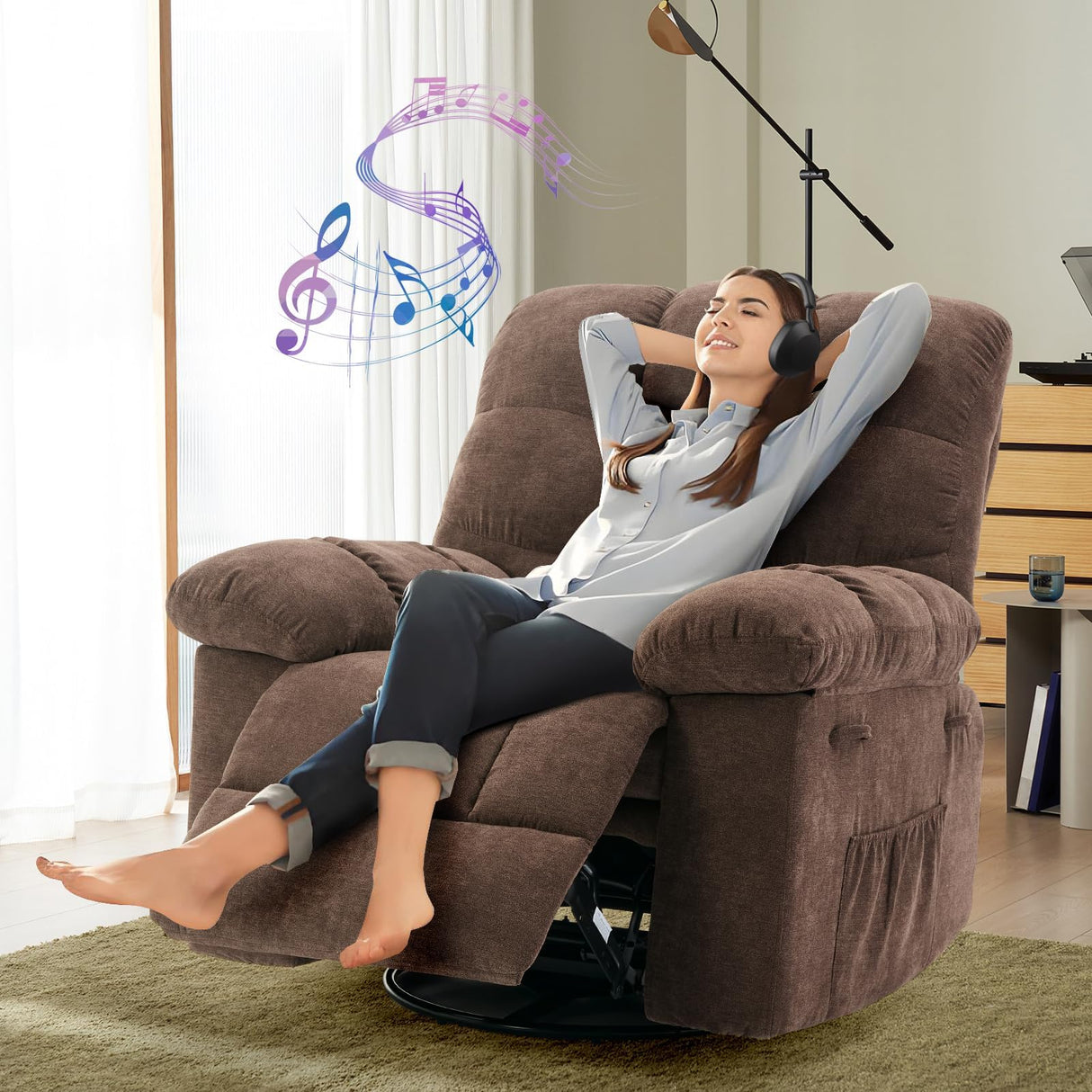 Adult Rocker Swivel Recliner Chair - Soft Fabric Overstuffed Manual Glider, Comfy Nursery Rocking Sofa Chair for Living Room OUTGOODS