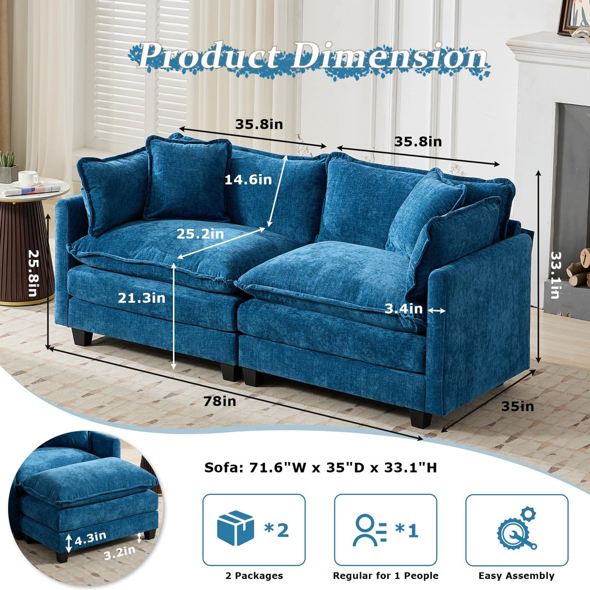 SoarFlash 71.6" Chenille Sectional Sofa, Comfy Modular Loveseat Sofa, Modern 2-Seat Couch Deep Seat Sofa Set for Living Room,Blue SoarFlash