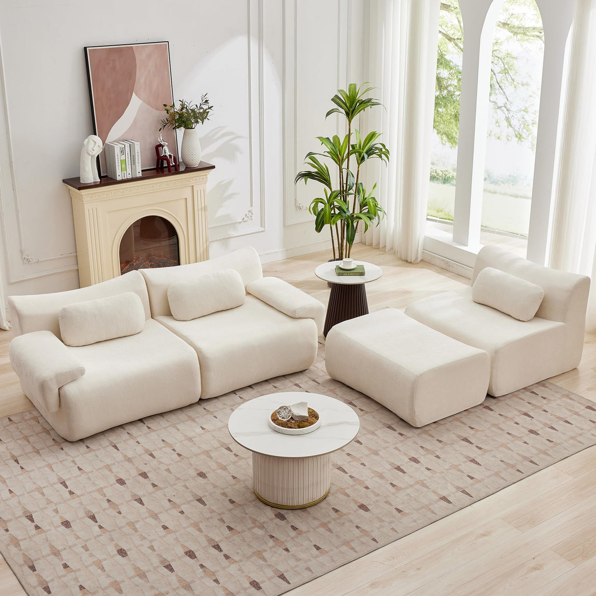 MAXMXX 117”L Shaped Modern Sofa Modular Sectional Cloud Couch with Ottoman,Oversized Boneless Sofa,3+1 Seater Chenille Deep-Seat Sofa with 3 Pillows,Suitable for Living Room or Bedroom(White) MAXMXX