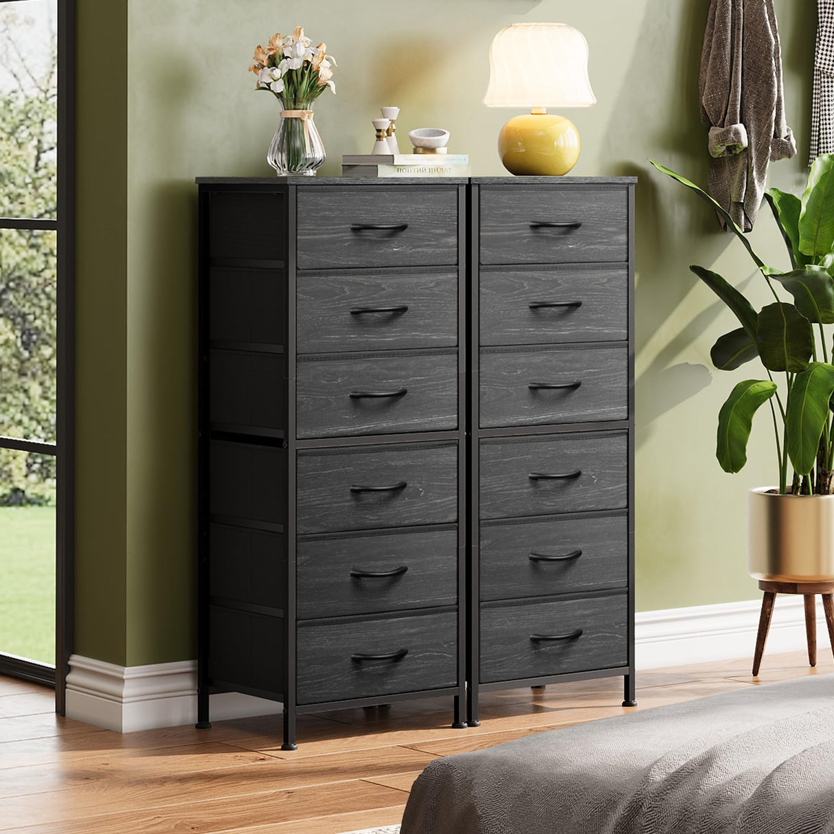 WLIVE Tall Dresser for Bedroom, 6 Drawer Dressers & Chests of Drawers, Fabric Dresser for Closet, Night Stand with Metal Frame, Storage Tower with Fabric Bins, Woodtop, Charcoal Black Wood Grain Print WLIVE